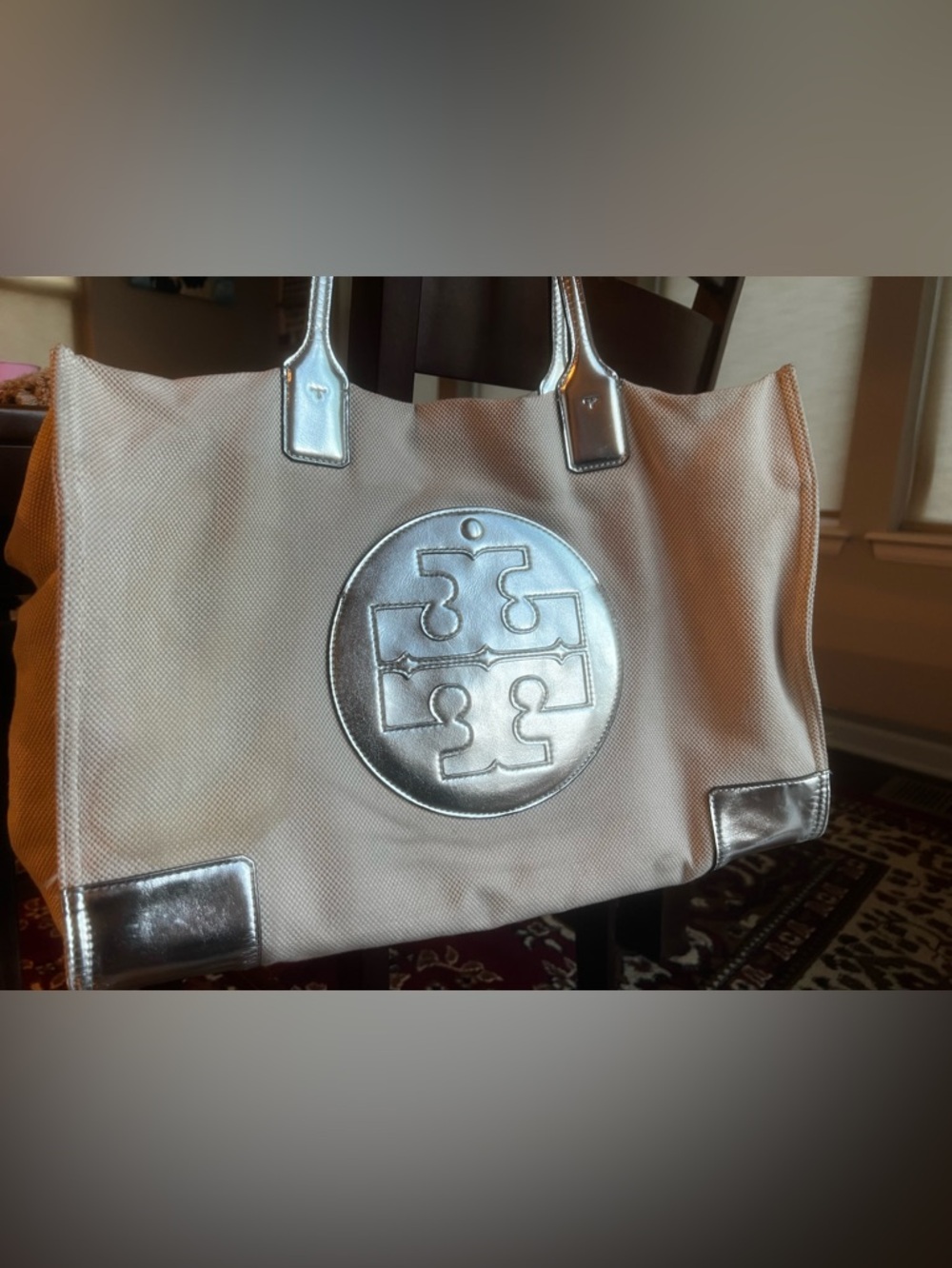 Tory Burch Cream Canvas Tote with Silver Metallic Logo